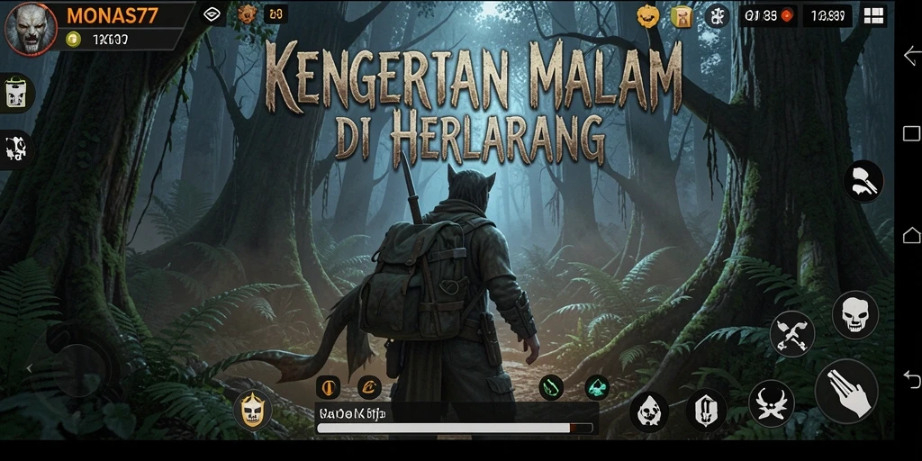 Screenshot utama MONAS77 menampilkan pemain di tengah hutan angker.