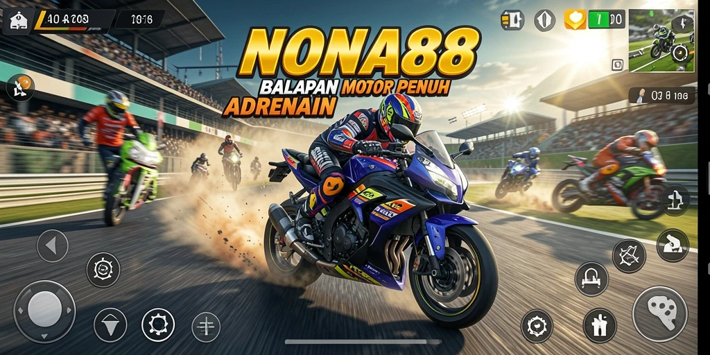 Screenshot utama NONA88 menampilkan momen balapan intens dengan motor cepat.