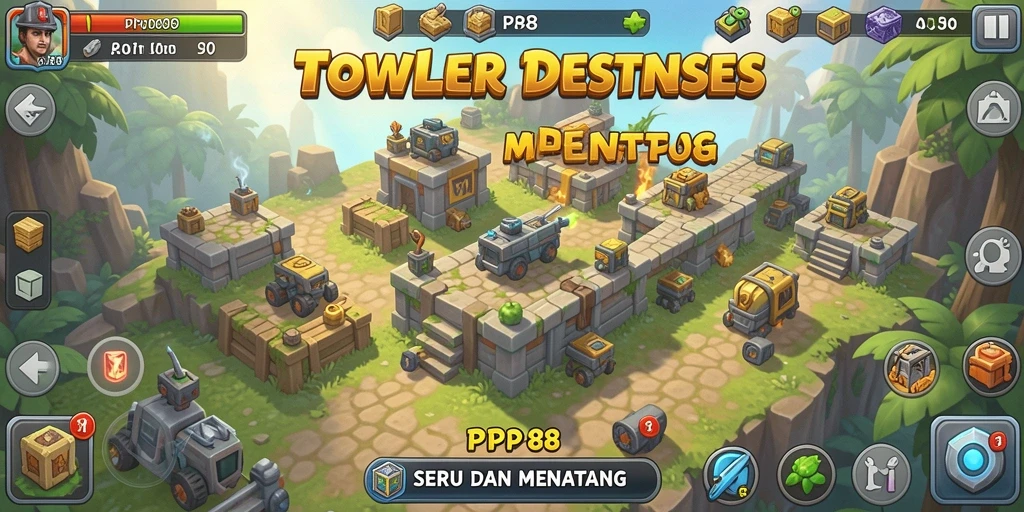 Screenshot gameplay menampilkan menara dan strategi pertahanan dalam PP88.